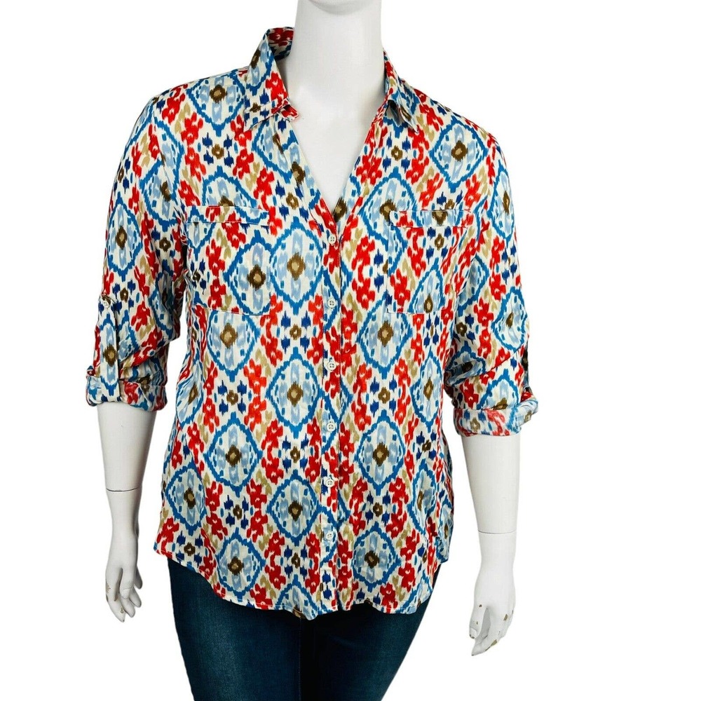 Cato Womans Sz XL Blouse 3/4 Sleeve Abstract Button Front Blue Roll Tab Sleeve